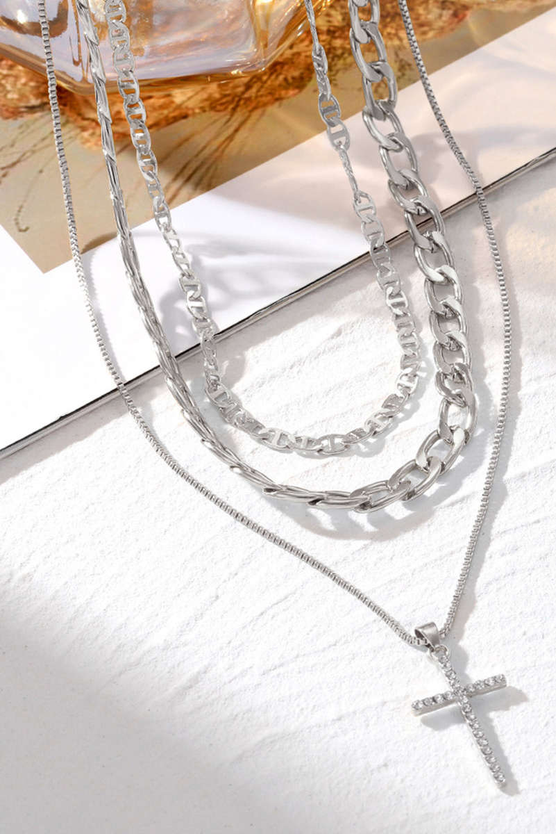 Silvery Plated Cross Pendant Multi Layer Stacked Chains Necklace