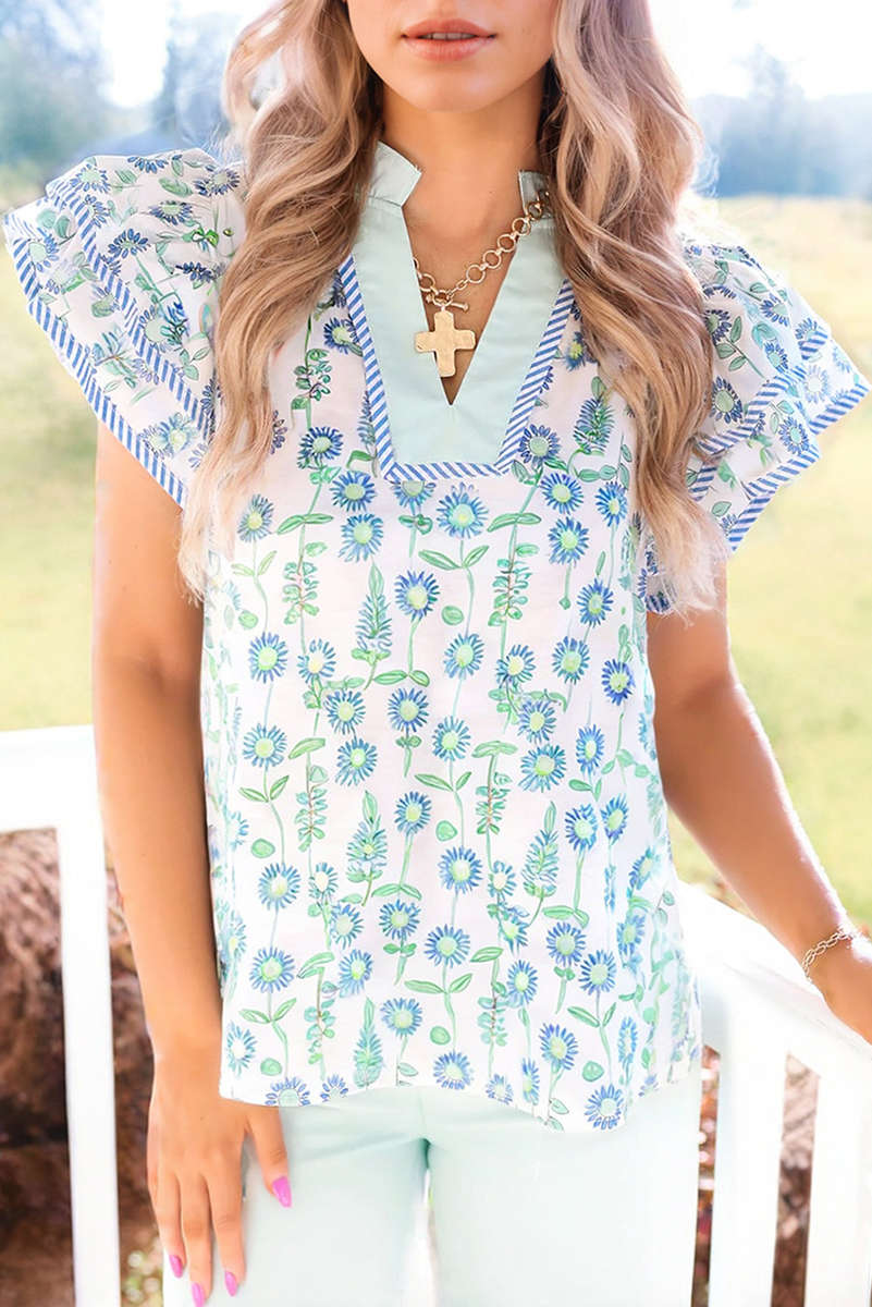 Green Floral Print Striped Detail Contrast V Neck Patchwork Flutter Sleeve Blouse