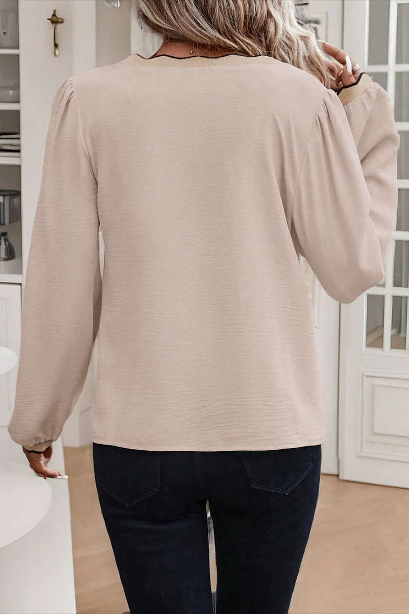 Jet Stream Contrast Scallop Trim V Neck Long Sleeve Blouse