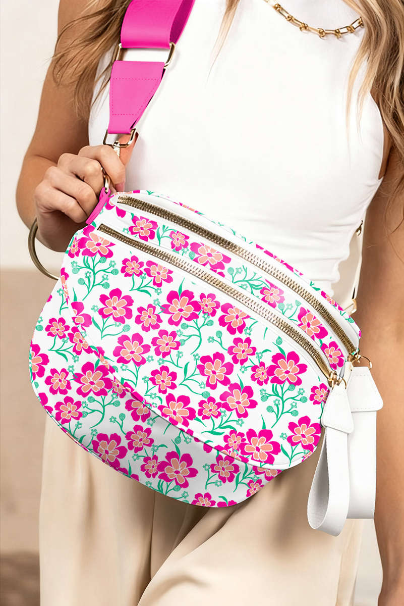 White Floral Printed Double Zip Crossbody Bag