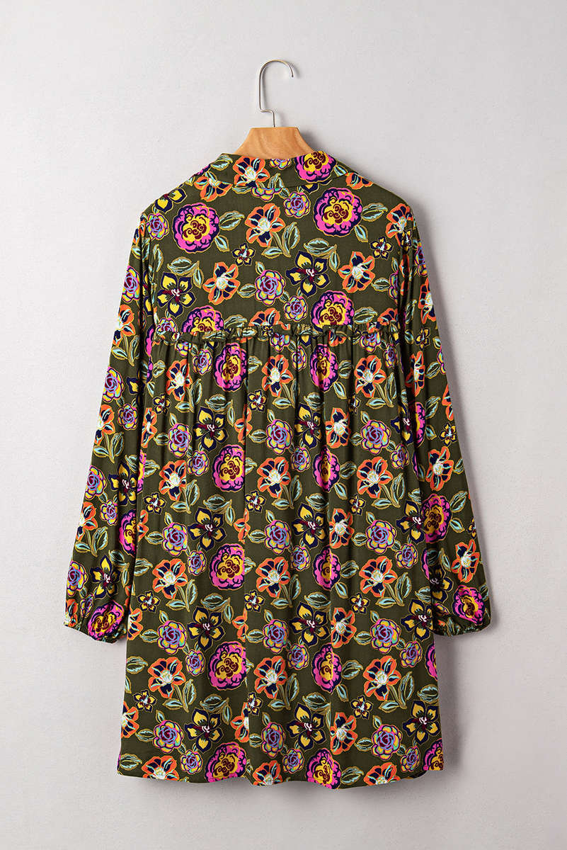 Green Floral Print Split Neck Bubble Sleeve Shift Mini Dress