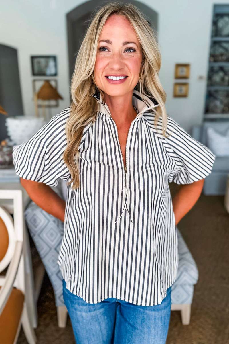 Black Stripe Polo Collar Half Zip Short Puff Sleeve Blouse