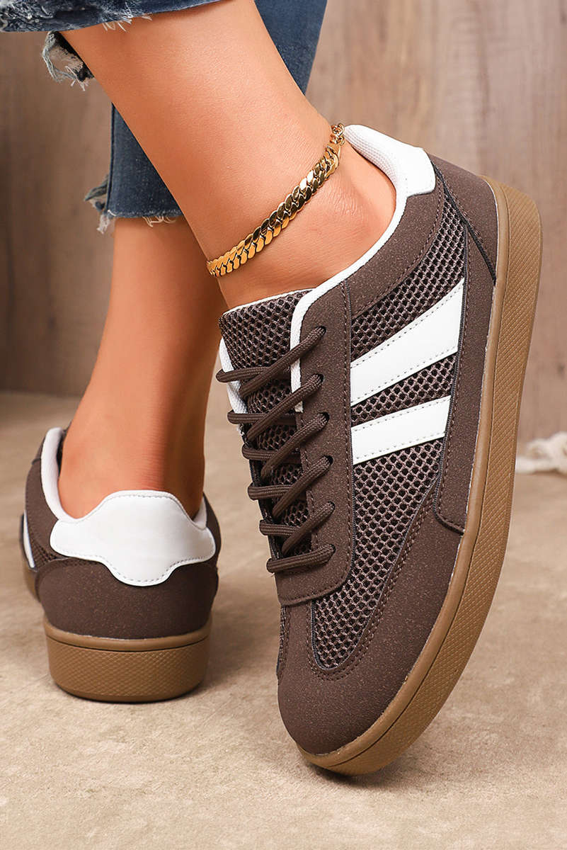 Coffee Breathable Mesh PU Leather Patchwork Lace-up Shoes