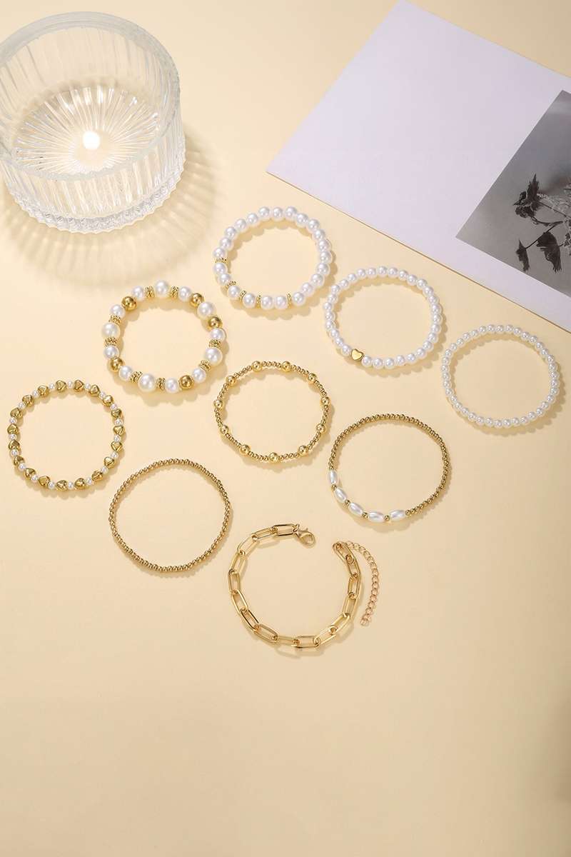 Gold 9-Piece Mixed Faux Pearl Bead Stretch Bracelet Set