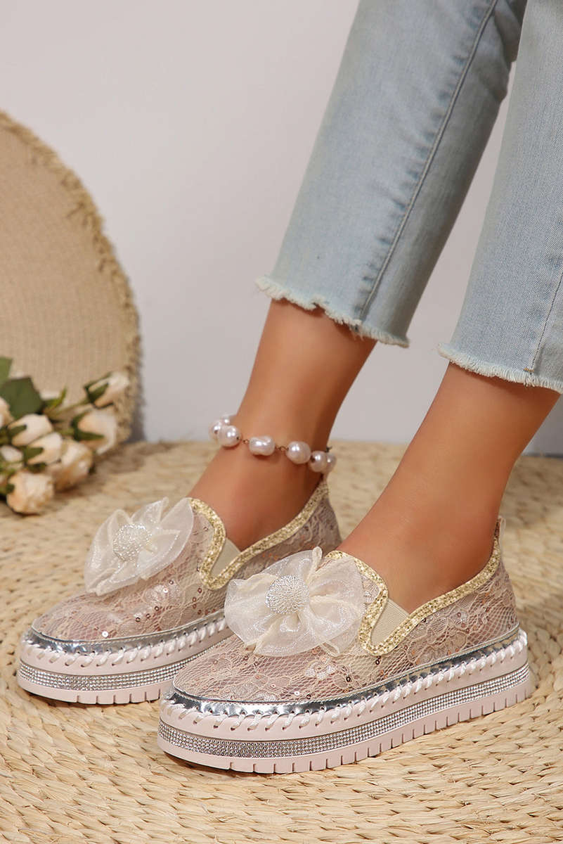 White Glossy Bow Decor Breathable Lace Loafer Shoes