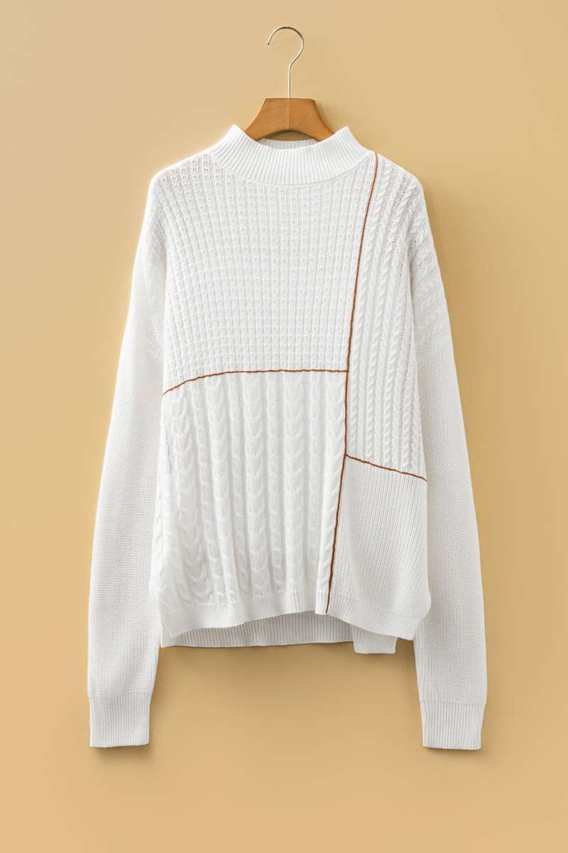 White Mix Texture Patchwork Contrast Stitch Mock Neck Sweater