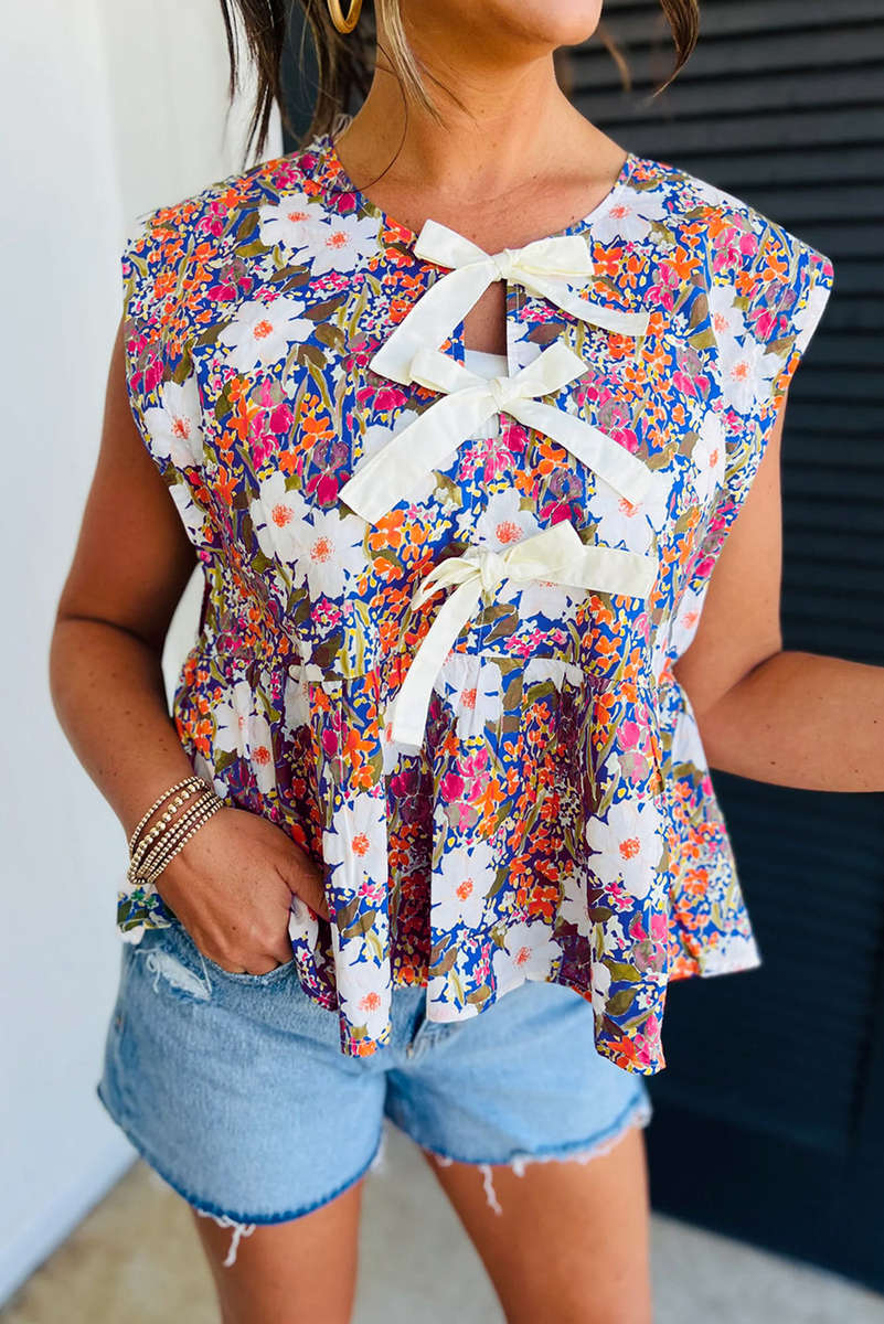 Rose Green Floral Print Bow Applique Slit Sleeveless Peplum Blouse