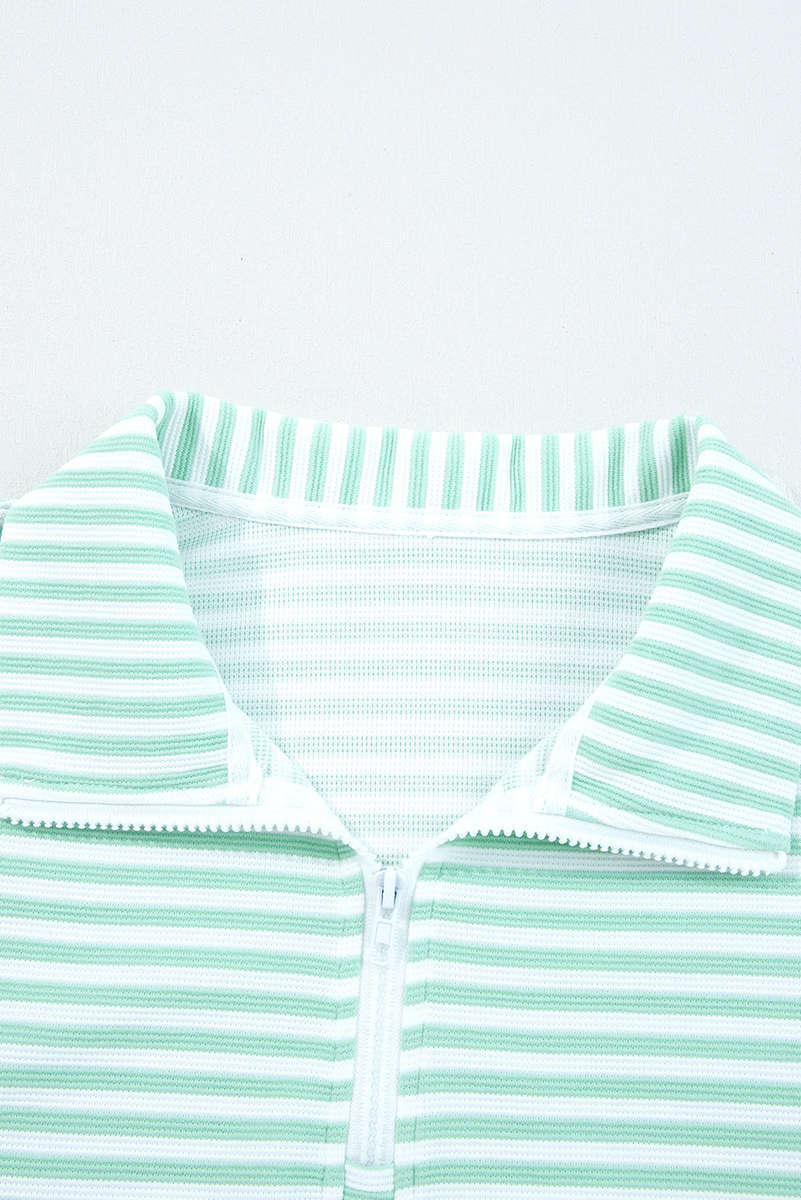 Green Stripe Quarter Zip Collar Pullover Long Sleeve Top