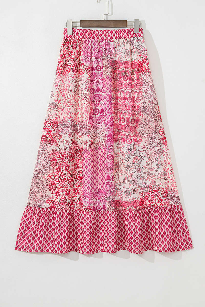 Red Boho Pattern Print Tassel Drawstring Elastic Waistband Maxi Skirt