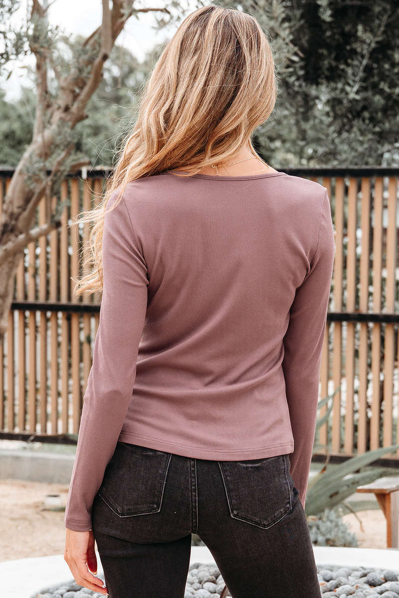 Old Rose Gathered Bust Square Neck Ribbed Fit Long Sleeve Top