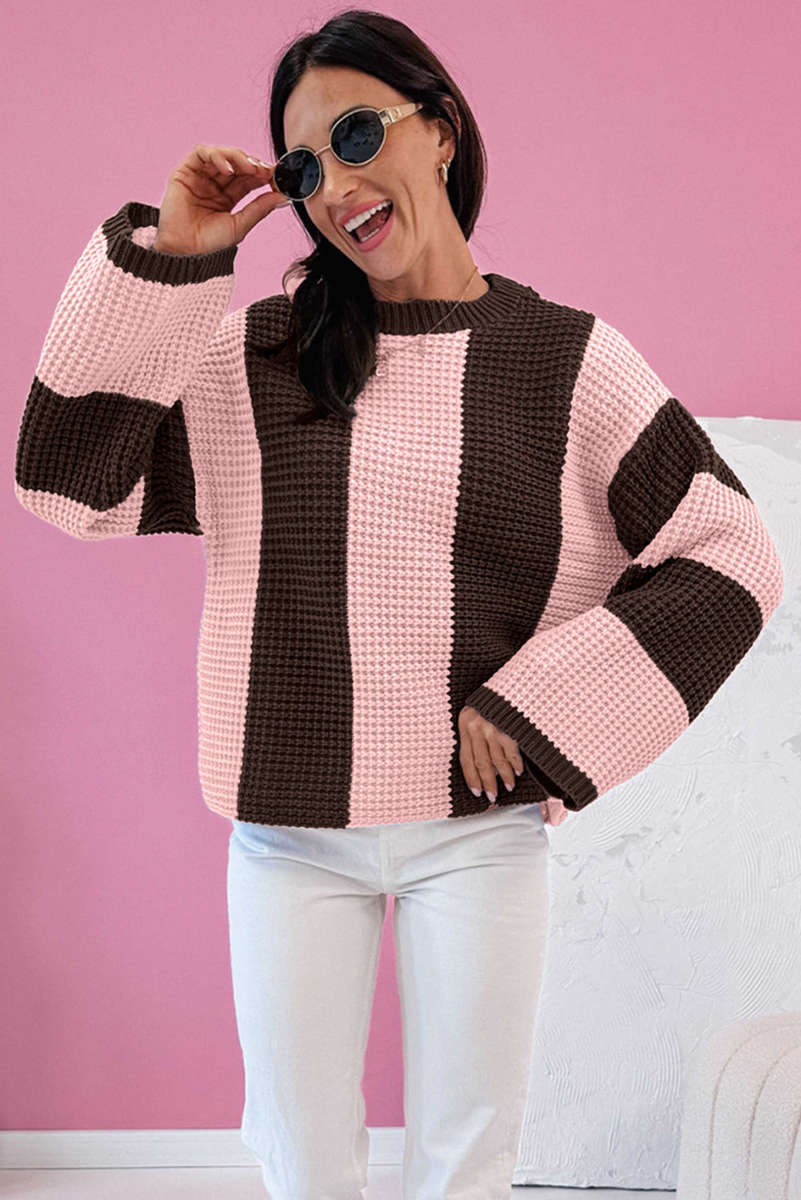 Fushia Striped Color Block Thermal Textured Knit Drop Shoulder Sweater