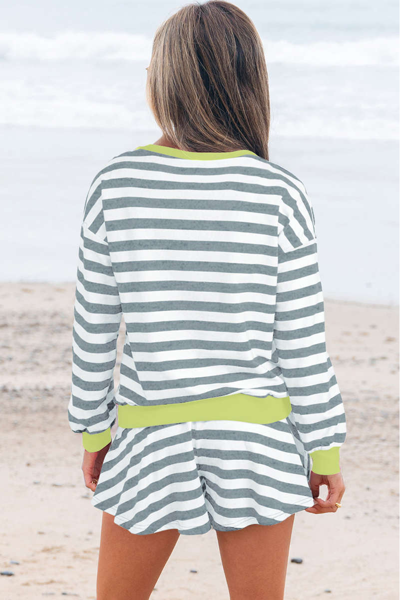 Gray Stripe Contrast Ribbed Banding Long Sleeve Blouse Loose Shorts Set