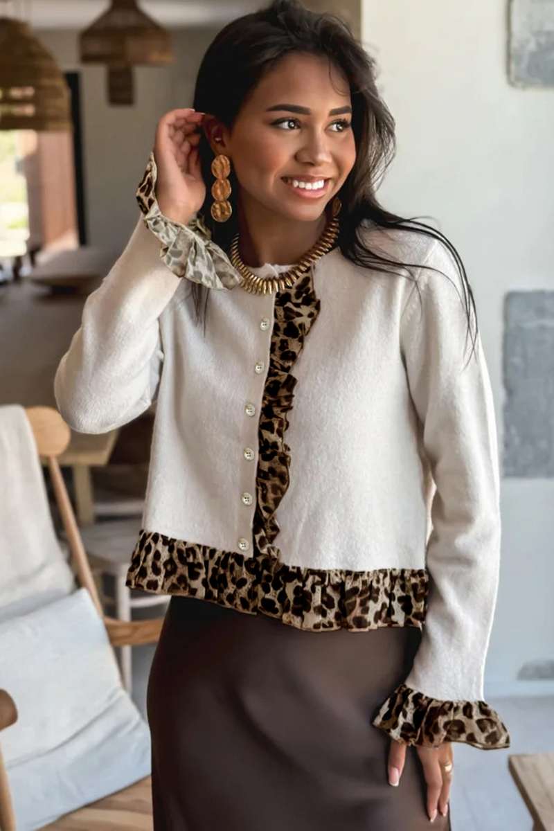 White Knitted Leopard Ruffle Patchwork Button Down Cropped Cardigan