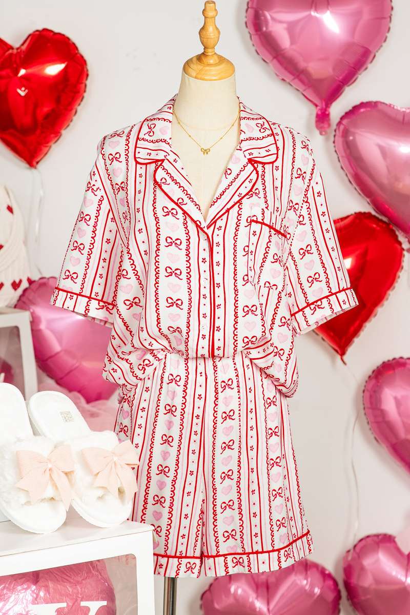 Red Cute Bow Heart Print Ribbon Decor Short 2pcs Pajama Set