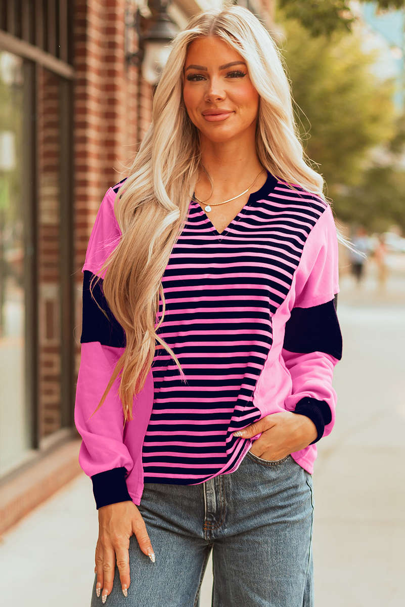 Pink Stripe Color Block V Neck Loose Fit Long Sleeve Top
