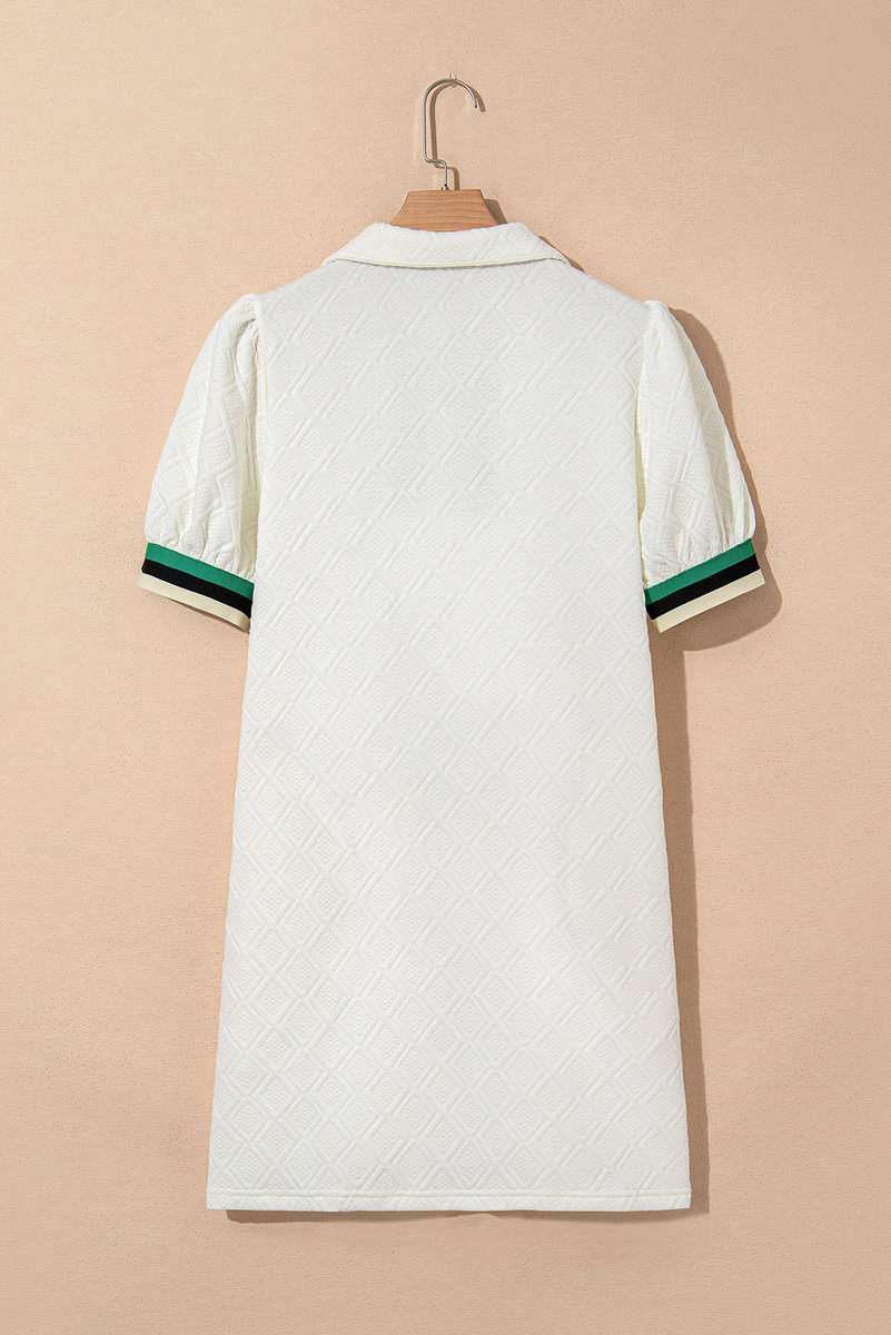 White Textured Jacquard Colorblock Edge Puff Sleeve Quarter Zip Mini Dress
