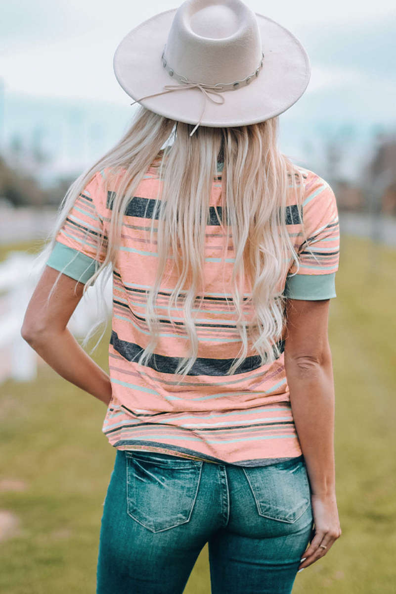Pink Multicolor Stripes Crew Neck T Shirt