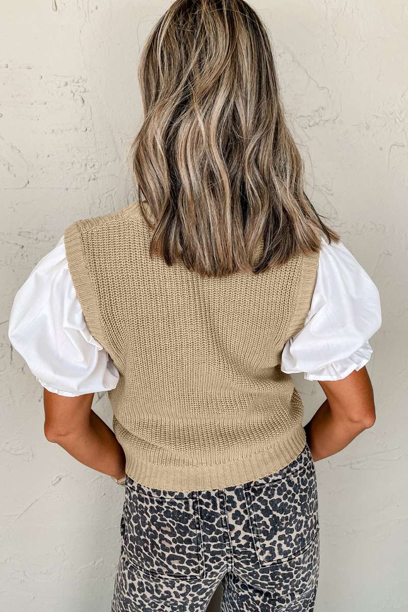 Light French Beige Round Neck Knit Contrast Short Sleeve Patchwork Sweater Top