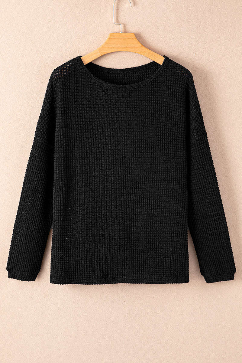 Black Waffle Knit Drop Shoulder Long Sleeve Top