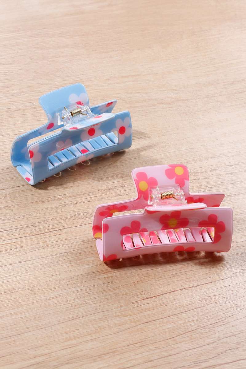 Pink Dainty Flower Printed Rectangular Hollowed Hair Claw Clip