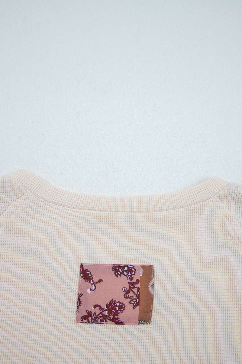Beige Paisley Ethnic Print Contrast Patchwork Long Sleeve Loose Top