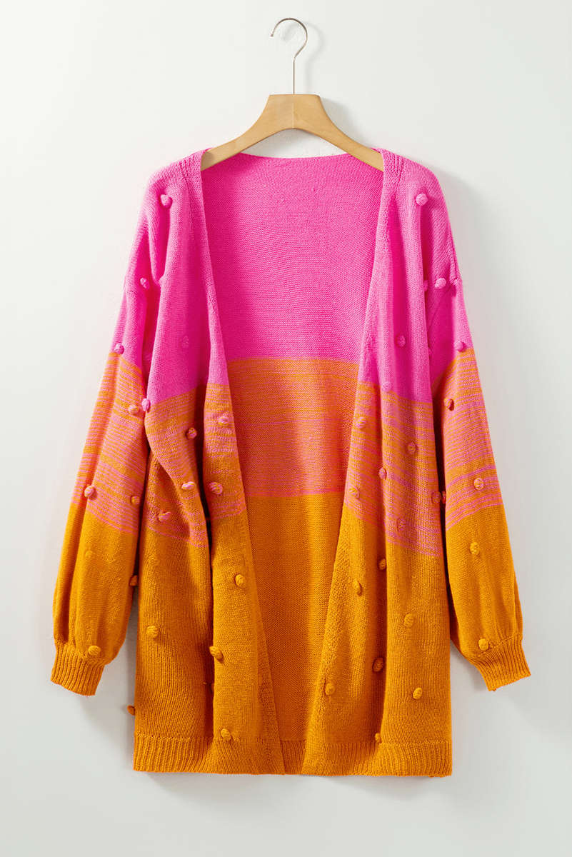 Multicolor Pompom Color Block Open Front Cardigan