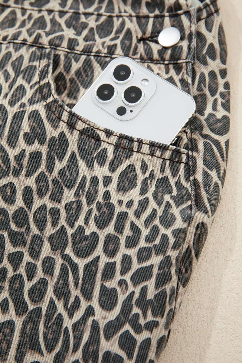 Brown  Leopard Print Straight Leg Loose Denim Overall Jumpsuit