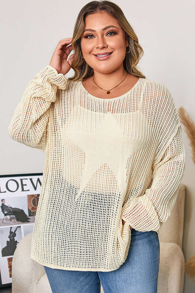 Parchment Hollow Out Knit Star Pattern Accent Plus Size Jumper