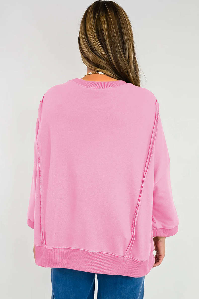 Pink Floral Bow Patched Exposed Seam Patchwork Slit Baggy Sweatshirt