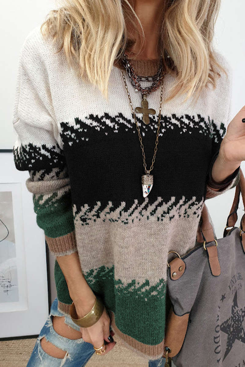 Black Stylish Color Block Pattern Drop Shoulder Sweater