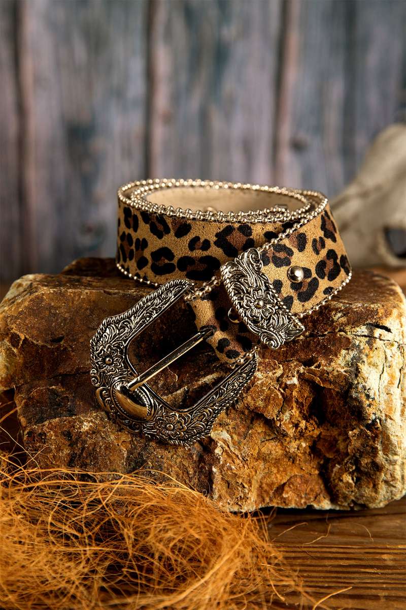 Thai Curry Leopard Beading Trim Retro Embossed Hardware PU Waist Belt