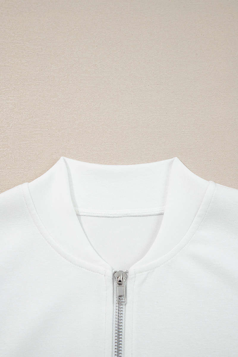White Solid Color Zip Up Knit Puff Sleeve Jacket