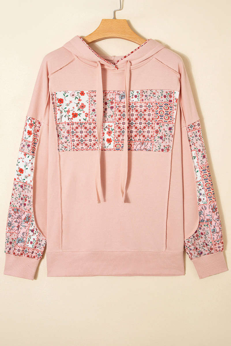 Delicacy Mix Floral Patchwork Side Slit Drawstring Hoodie
