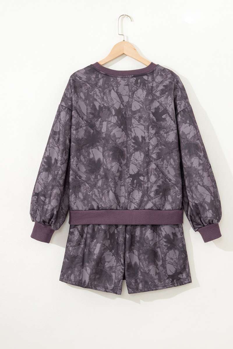 Brown Abstract Woodland Camo Print Baggy Pullover Drawstring Shorts Set