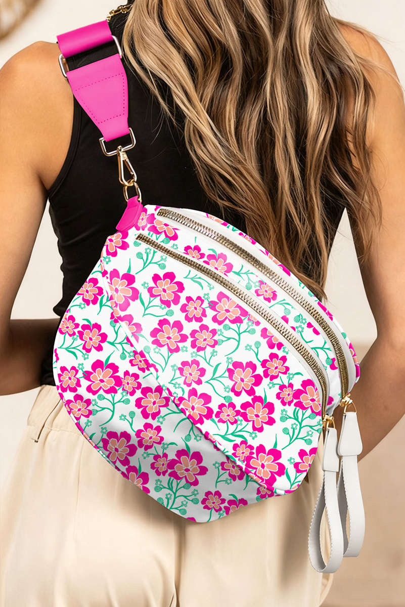 White Floral Printed Double Zip Crossbody Bag