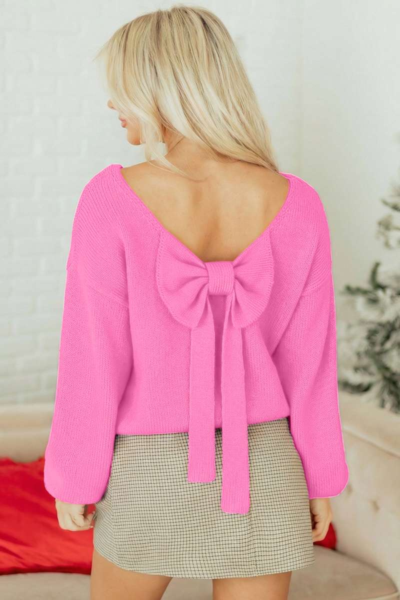 Bonbon Festive Bow Backless Bubble Sleeve Sweater