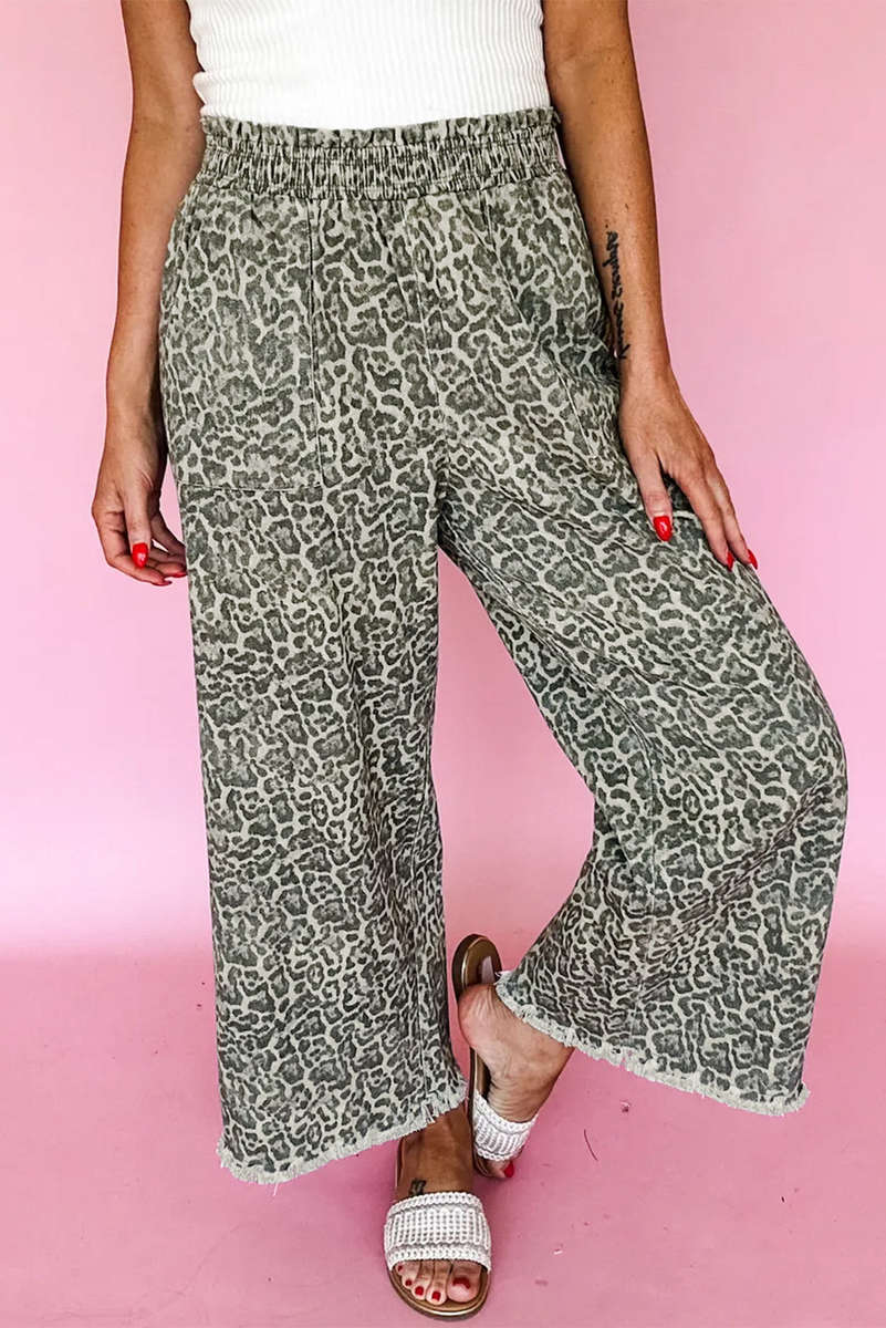 Brown Leopard Print Raw Hem Elastic Waist Loose Pull On Jeans