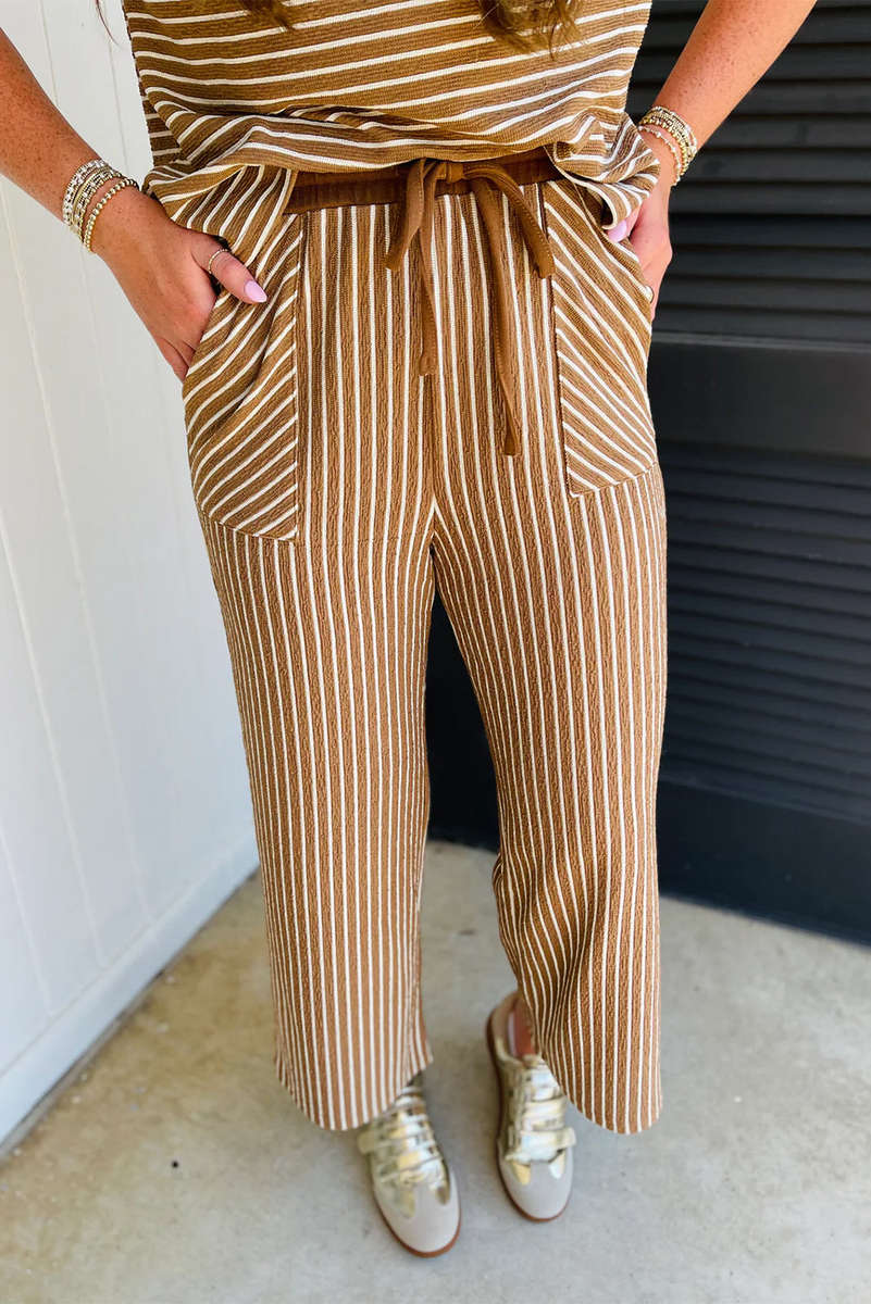 Khaki Stripe Crew Neck Tee Drawstring Waist Cropped Pants Set