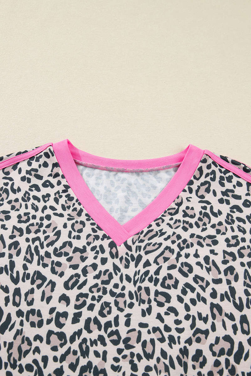 Khaki Leopard Print Contrast V Neck Varsity Stripe Detail Long Sleeve Top