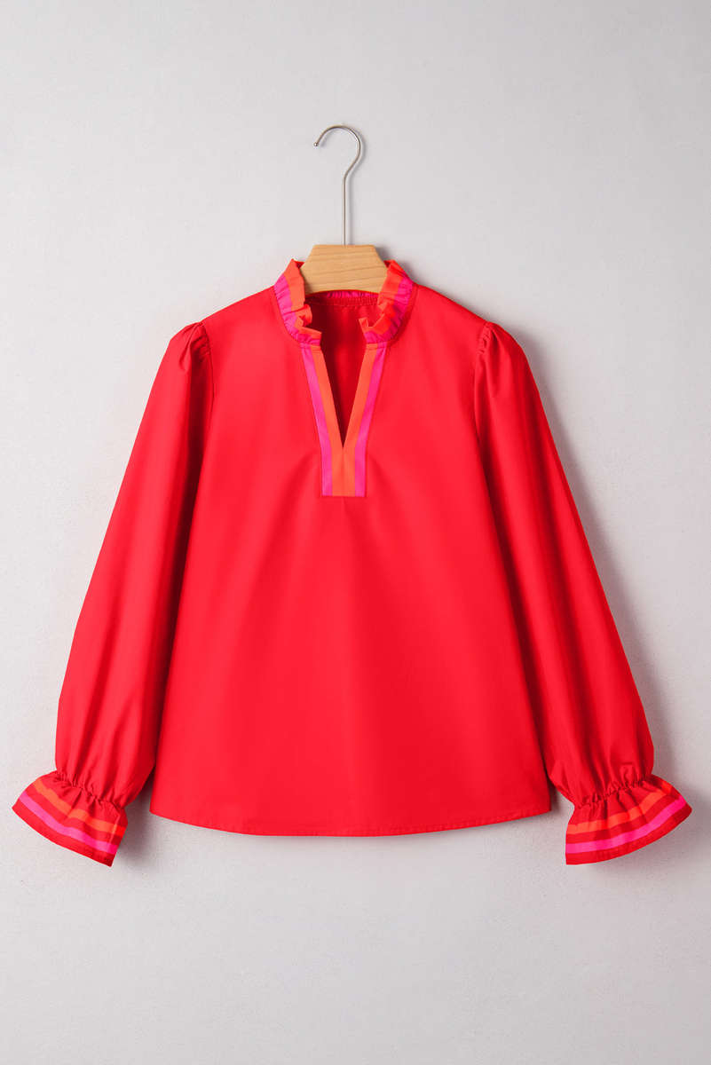 Fiery Red Striped Trim Ruffle Split Neck Long Sleeve Blouse