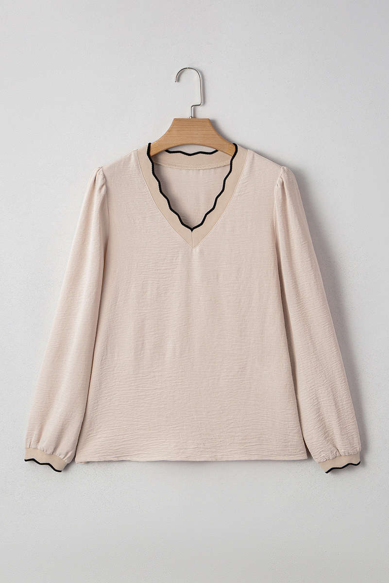 Jet Stream Contrast Scallop Trim V Neck Long Sleeve Blouse