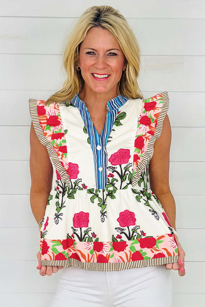 Pink Floral Print Tie Neck Striped Detail Flutter Sleeve Blouse
