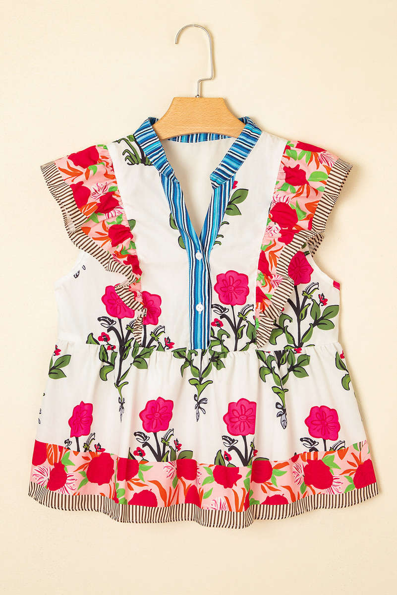 Pink Floral Print Tie Neck Striped Detail Flutter Sleeve Blouse