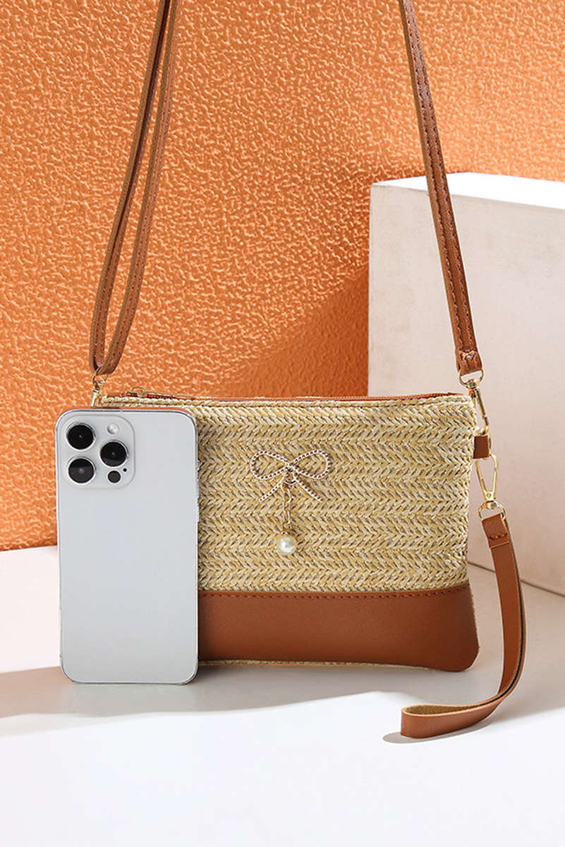 Beige Bow Pearl Decor Straw PU Leather Patched Crossbody Bag