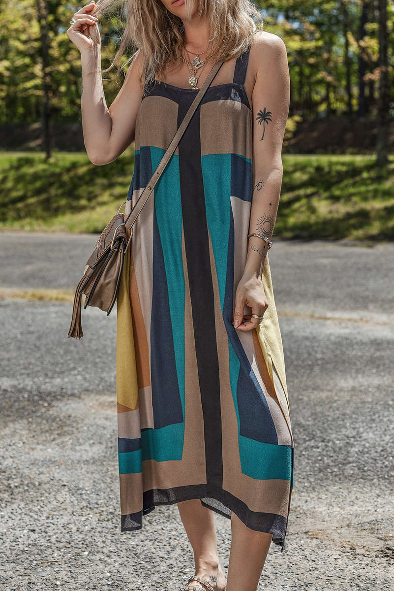 Brown Retro Geometric Printed Y Back Sleeveless Dress
