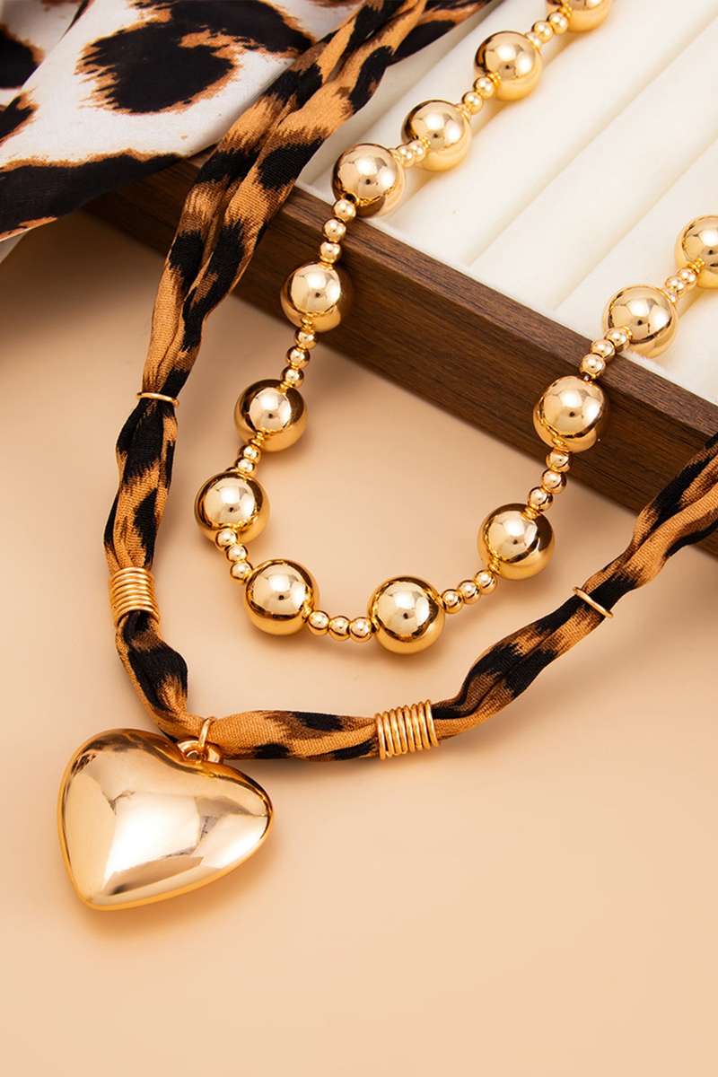 Gold Plated Mixed Beads Heart Charm Leopard Scarf 2pcs Necklace Set