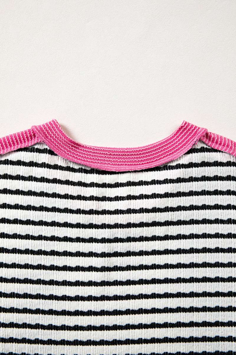 Black Stripe Textured Knit Twisted Rib Contrast Patchwork V Neck Long Sleeve Top