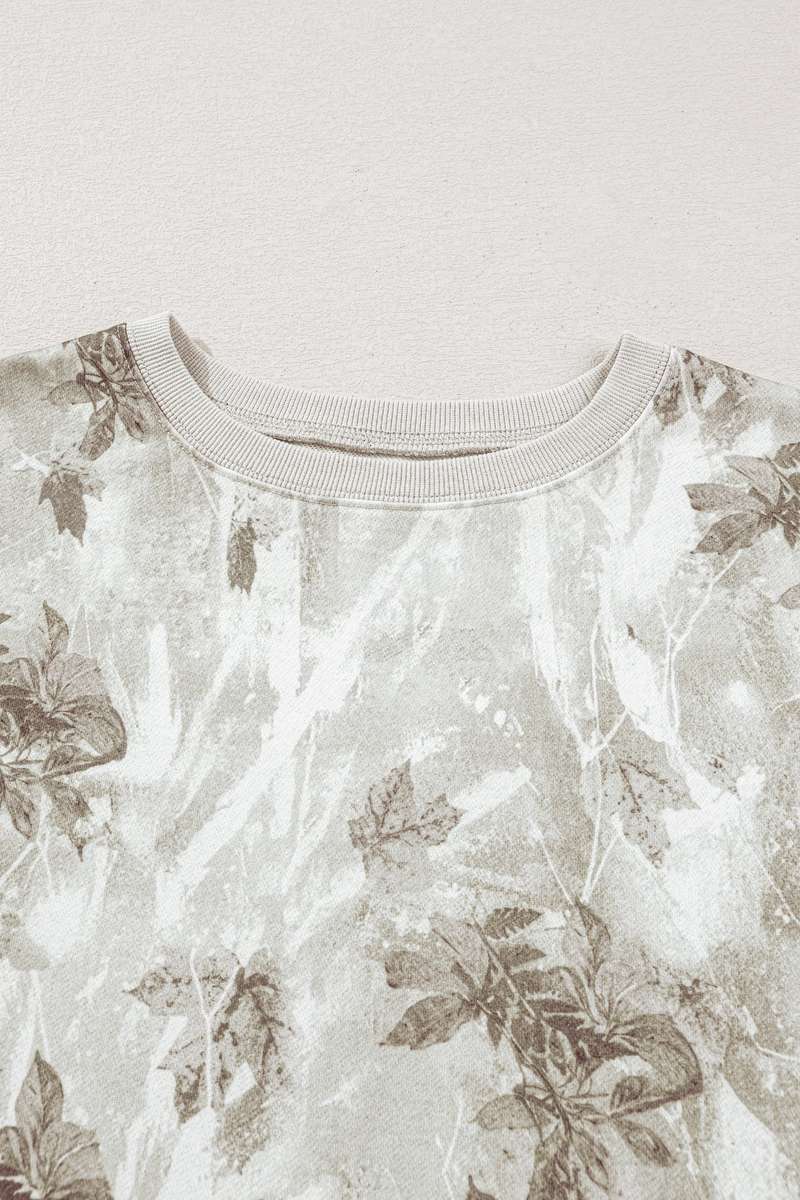 Gray Leafy Camo Print Exposed Seam Patchwork Baggy Slit Sweatshirt