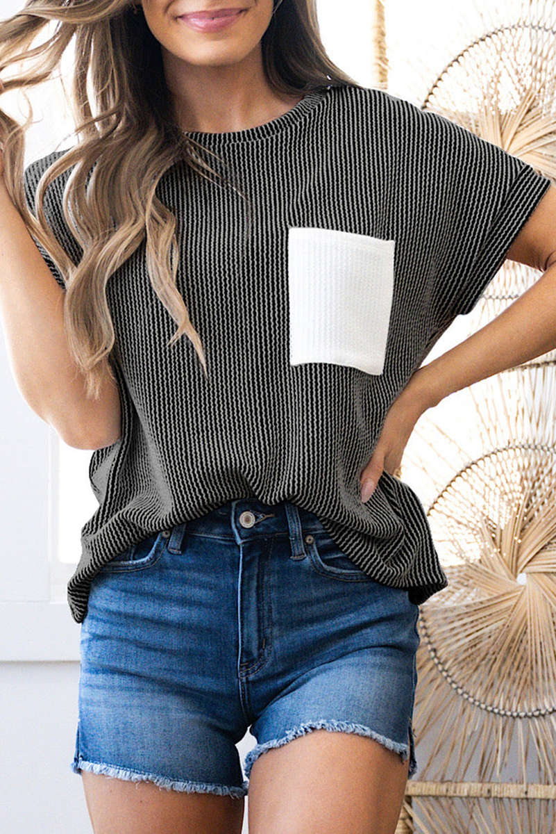 Carbon Grey Corded Knit Color Block Pocketed Crew Neck T Shirt