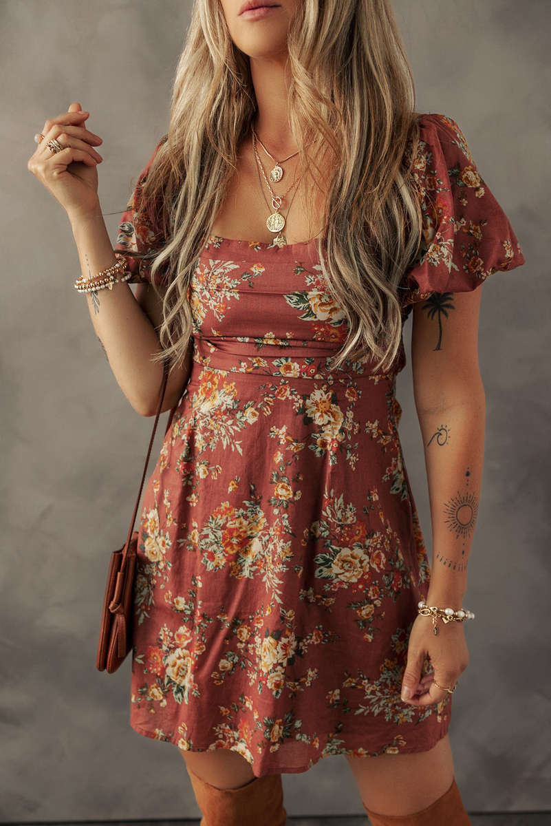 Red Floral Puff Sleeve Square Neck Knot Open Back Mini Dress